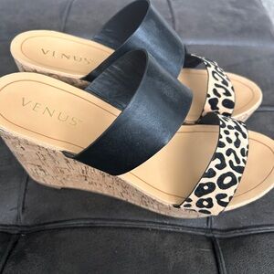 Venus Black and Leopard Print Wedge Sandals